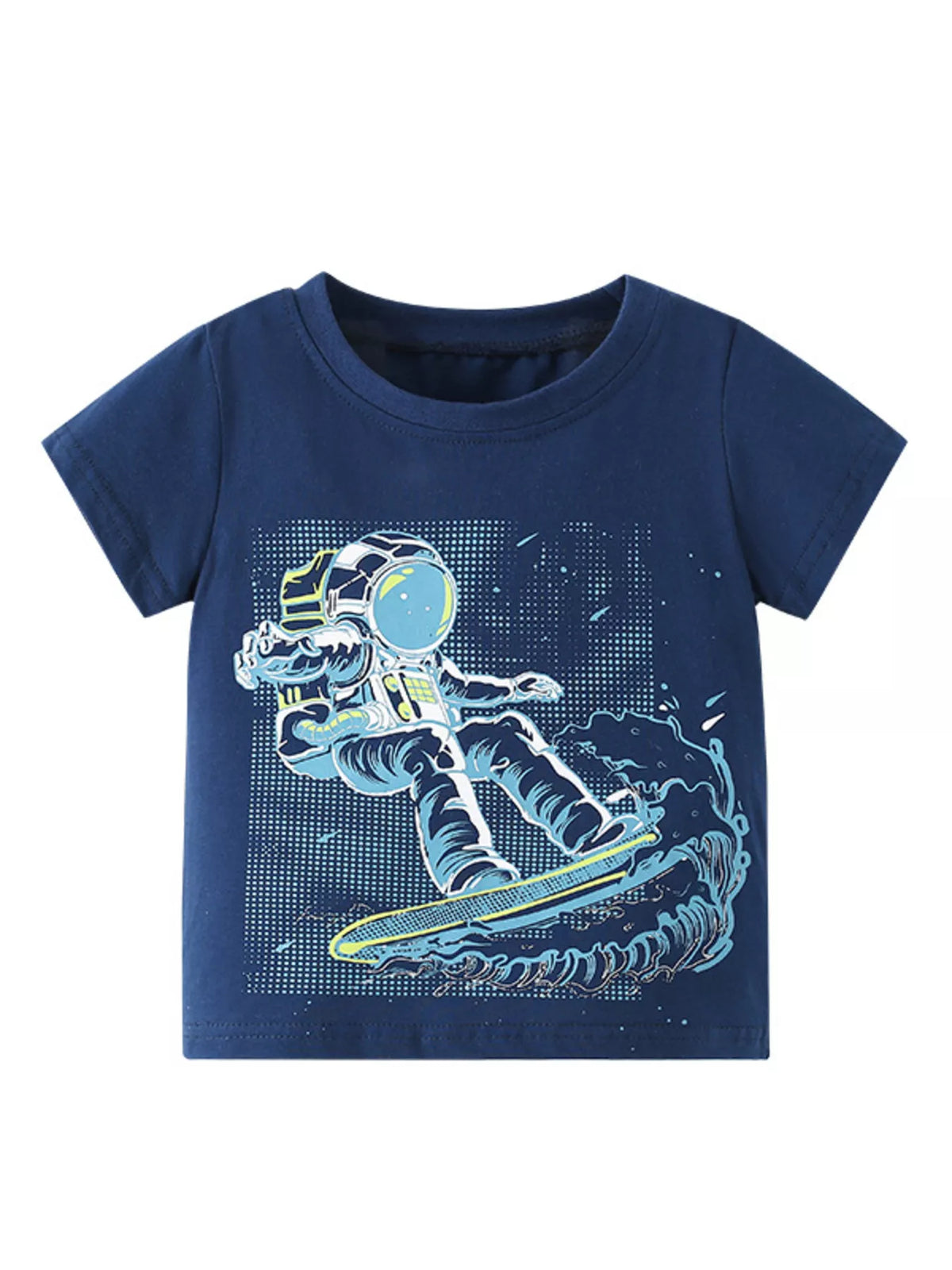 Kids astronaut surfing graphic T-shirt made from 100% cotton with a classic crew neckline.