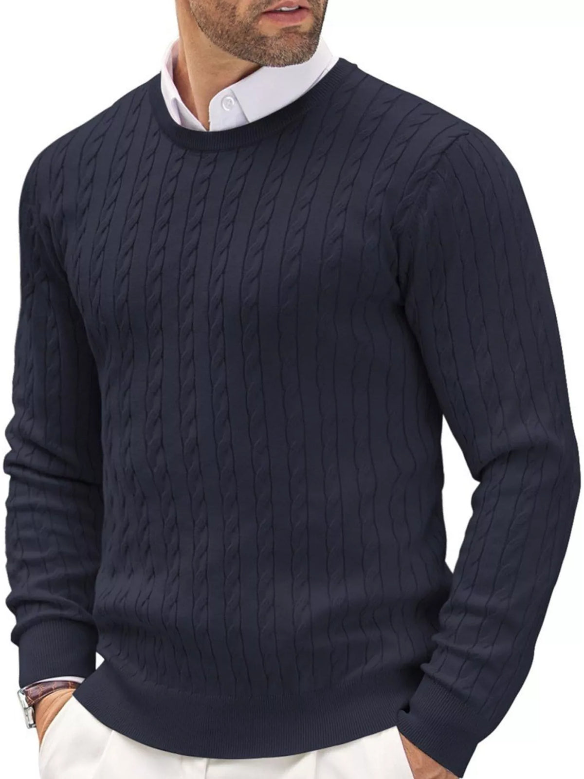 Men's black cable knit crewneck pullover sweater with slim-fit design, front view