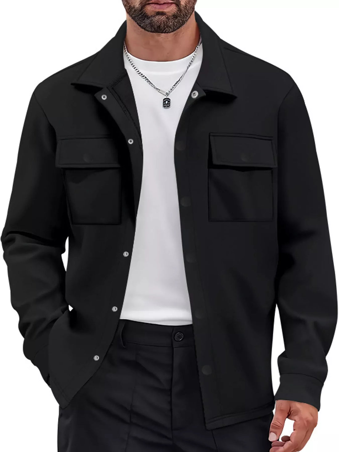 Men's black fleece-lined snap-button jacket with classic fit and long sleeves