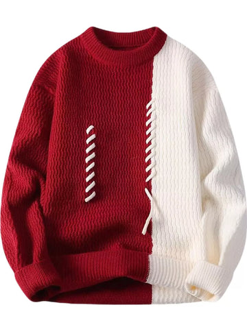 Men's plus size red color-block lace-up sweater with oversized fit and contrast stitching.