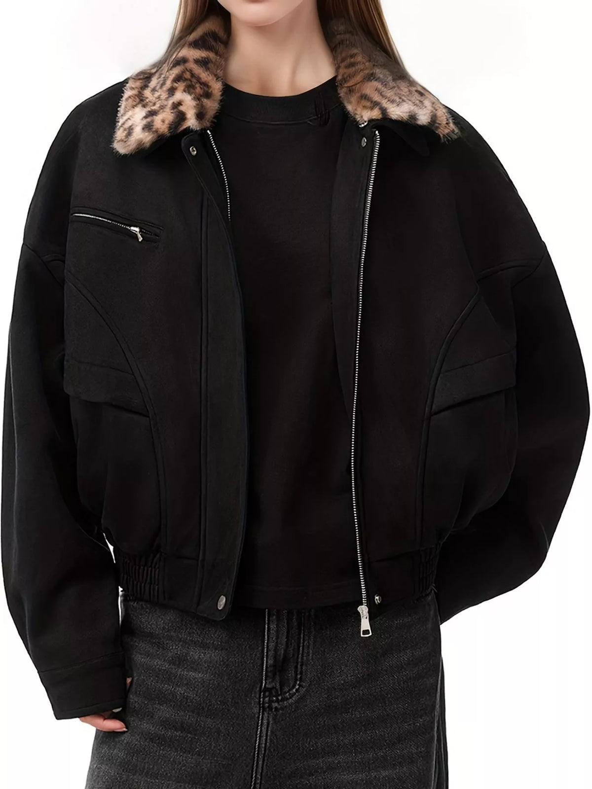 Women's black oversized jacket with stylish leopard-print collar and front zipper