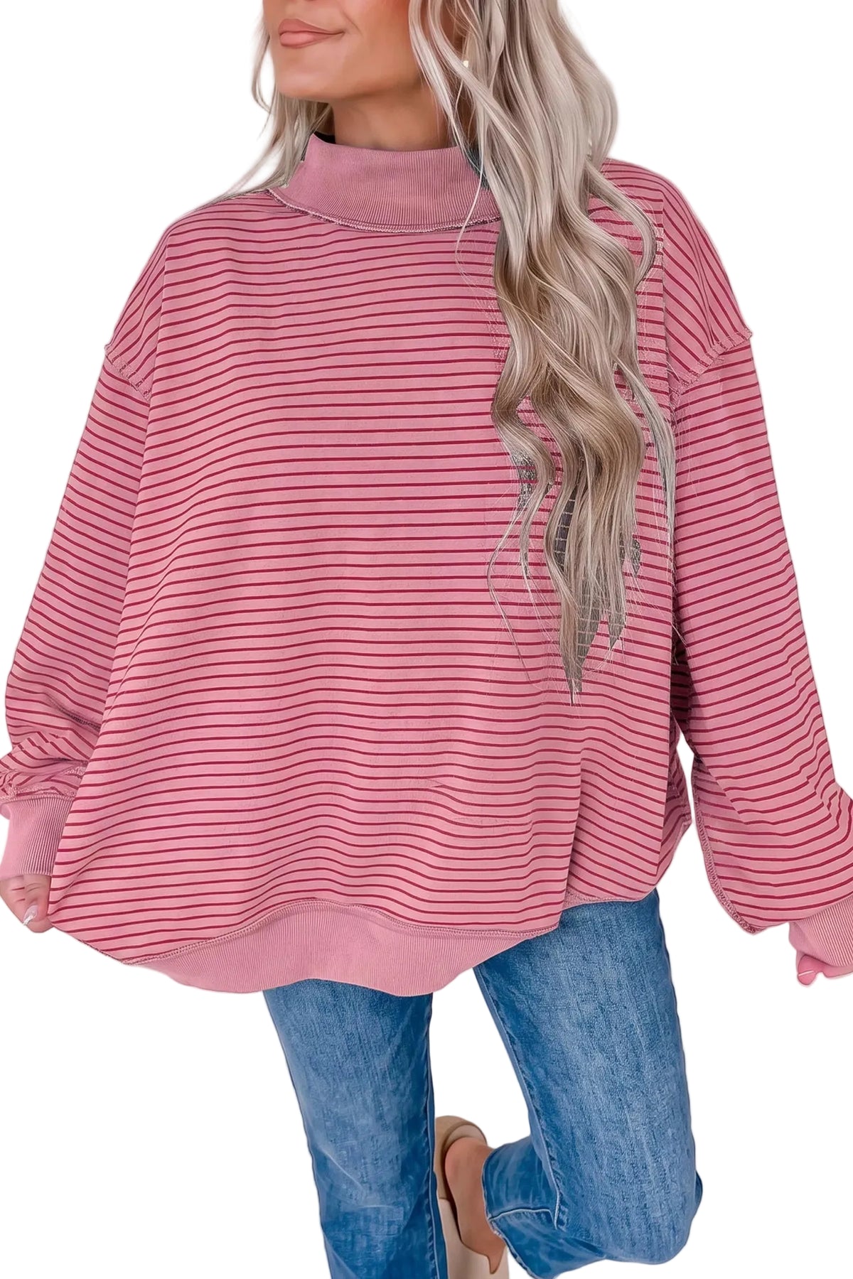 Women's oversized color block ribbed mock neck sweatshirt with a relaxed fit and striped design.